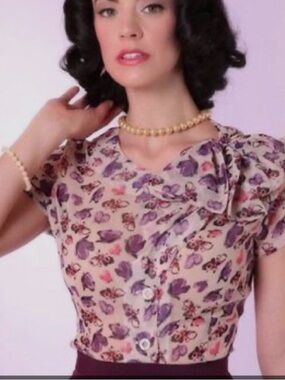 Bettie Page Cream Blouse with Purple Floral Print